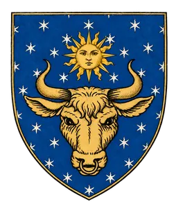 Our arms: a gold aurochs and sun on a blue shield with silver stars.